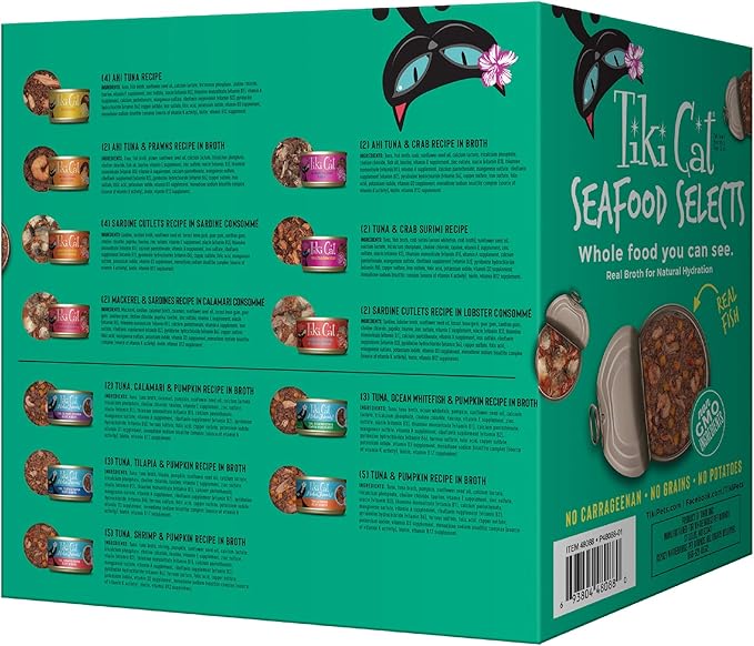 Tiki Cat Wet Cat Food Mega Pack, Seafood Selects Variety Pack, 2.8/3 oz. Cans (36 Count)