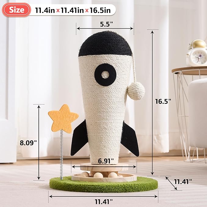 Cat Scratching Post, Rocket Cute Sisal Cat Scratcher with Durable Solid Wood Turntable Toy, Cat Scratch Post Red Cat Scratcher with Spinning Star Toy for Indoor Adult Cats