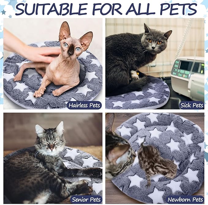 VitalCozy 2 Pack Self Heating Cat Pad Self Heating Cat Bed Machine Washable Heat Pet Mat Reversible Body Thermal Warm Round Dog Bed Crate Blanket for Feral and Indoor Cats(16'',Blue Large Star)