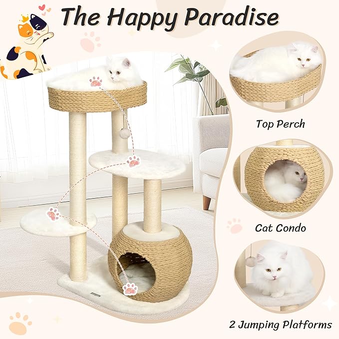 KAMABOKO 39 Inch Modern Cat Tree for Indoor Cats, Solid Wood Cat Tower with Natural Sisal Scratching Posts, Hand-Woven Cat Condo & Top Perch