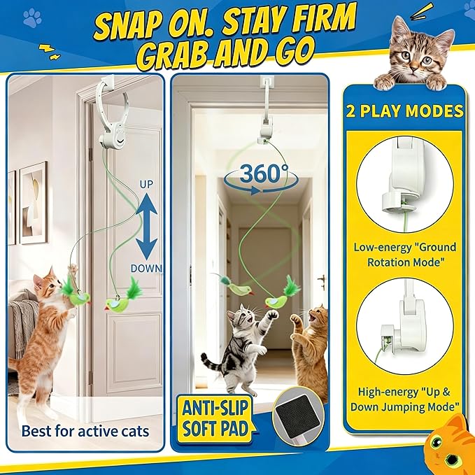 Interactive Cat Toys for Indoor Cats, Dual Modes Automatic Hanging Cat Toy with Quiet Motor, USB Rechargeable, Flying Bird Feather Mouse Toy for Kittens, Bored Adult Cats & Multi-Cat Households