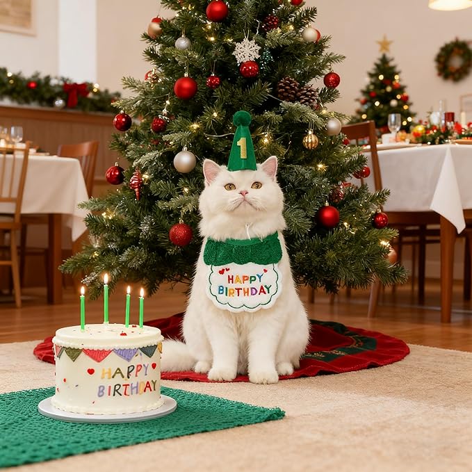 Reusable Cat Birthday Decorations Set - Adjustable Cat Birthday Hat & Bandana with Age Numbers | Kitty Celebration Kit for Memorable Milestones（Green）