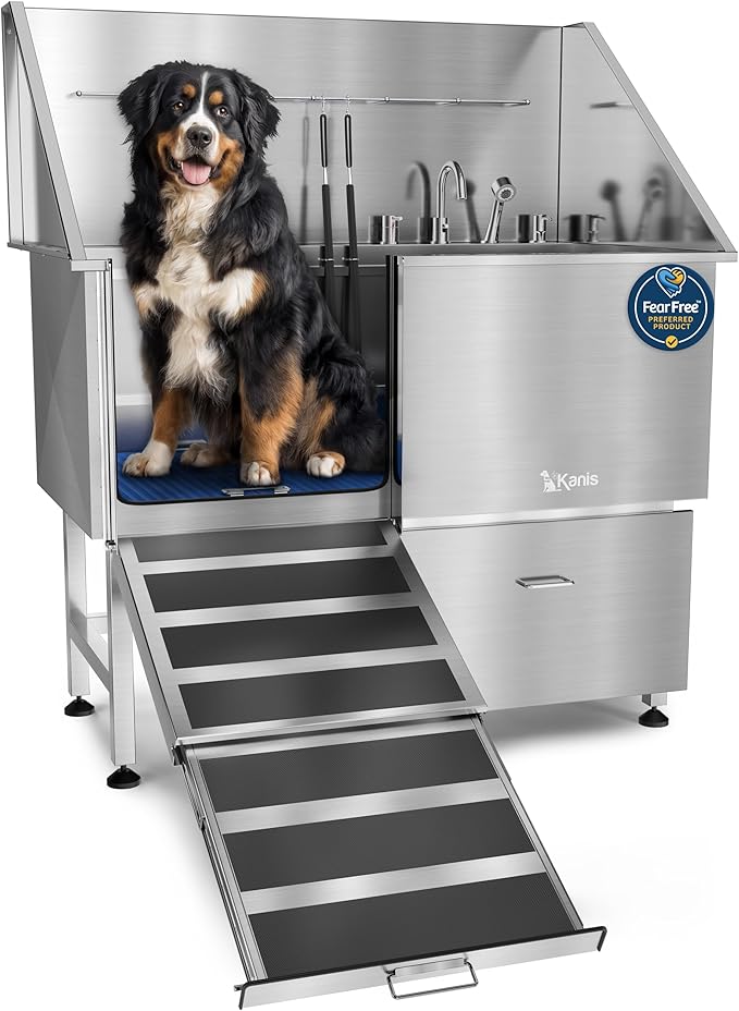 KANIS Professional Dog Washing Station 304 Stainless Steel Pet Wash Sink & Grooming Bathtub w/Shower, Floor Grates and Storage for Large, Medium & Small Pets (Silver, 50 Inches, Left Ramp, 1 Drawer)