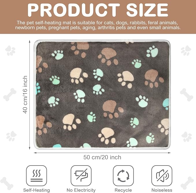 HunnmingRe 2 Pack Self Warming Cat Bed Self Heating Dog Pad Cat Warming Pad Thermal Pet Mat Washable Reflect Body Heat Removable Cover for Indoor Kittens Puppies Feral Pet(Dog Paw,16 x 20 Inch)