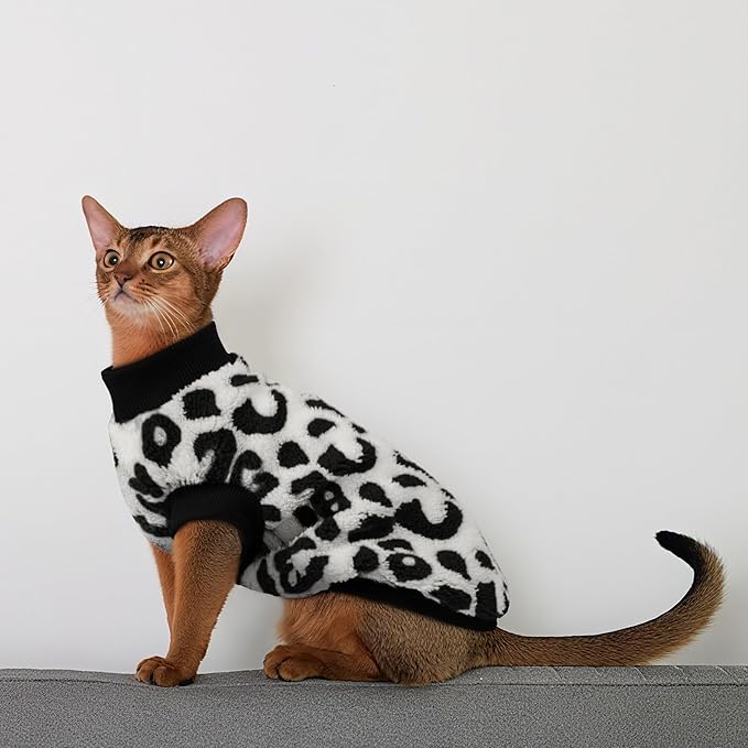 PUMYPOREITY Winter Warm Cat Sweater - Super Soft & Elastic Knit with Plush Fleece, Easy-On Design with Ribbed Neck & Cuffs, Stretchy Cat Outfit for Indoor/Outdoor Use,Black Leopard, S