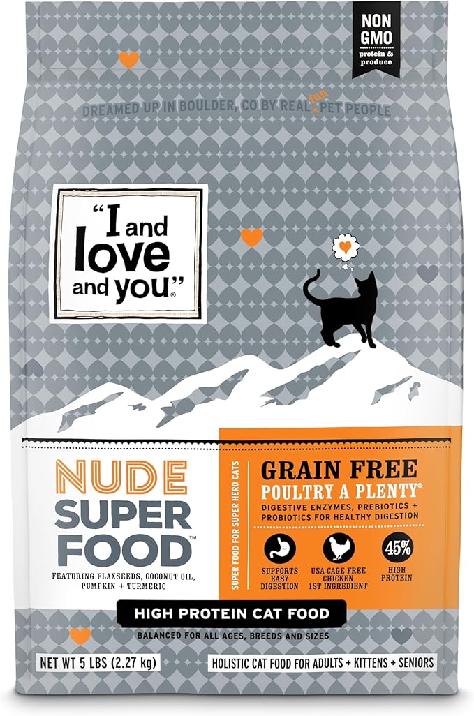 I and love and you Nude Super Food Dry Cat Food - Turkey + Chicken - Grain Free, High Protein, No Fillers, Superfoods, 5lb Bag