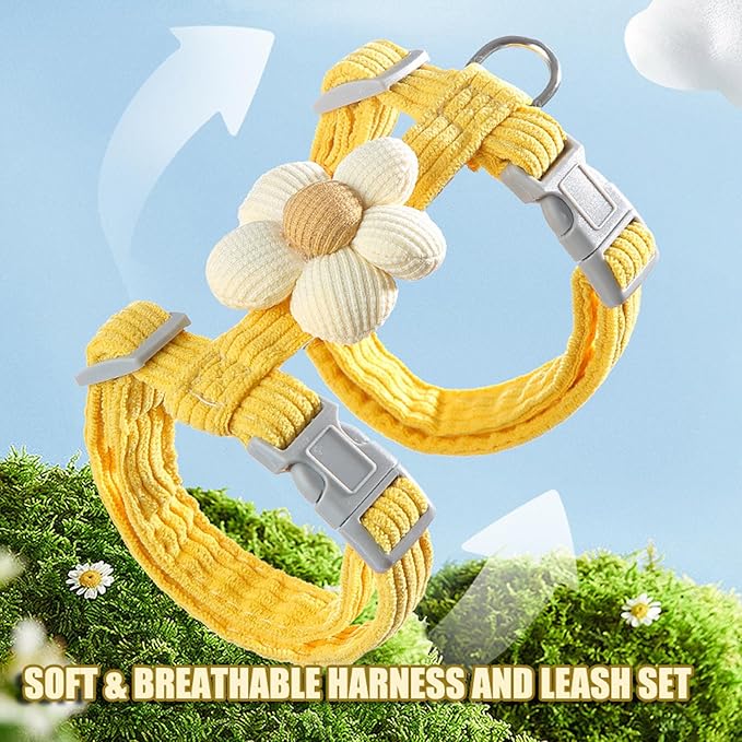 LeLehome Cat Harness and Leash Set Escape Proof Comfortable Lightweight Adjustable Strap for Walking, Travel, Kitten, Puppy, Rabbit (Yellow Flower)