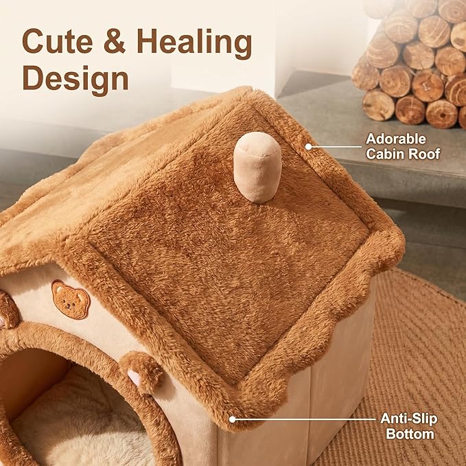 Cat Bed Cave, Cute Bear Shape Cat Beds for Indoor Cats, Pet House Cats Tent with Removable Cushion Pillow for Kittens Puppy Small Dogs (Brown-L, 20.4 * 16.9 * 19.6in)