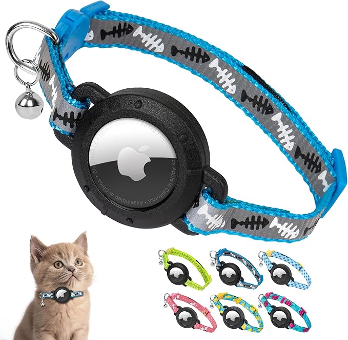 azuza AirTag Cat Collar with Reflective Fish Pattern, Breakaway Safety Collar with Lightweight Design, Apple AirTag Holder and Bells, Adjustable for Cats and Kittens(7-9")