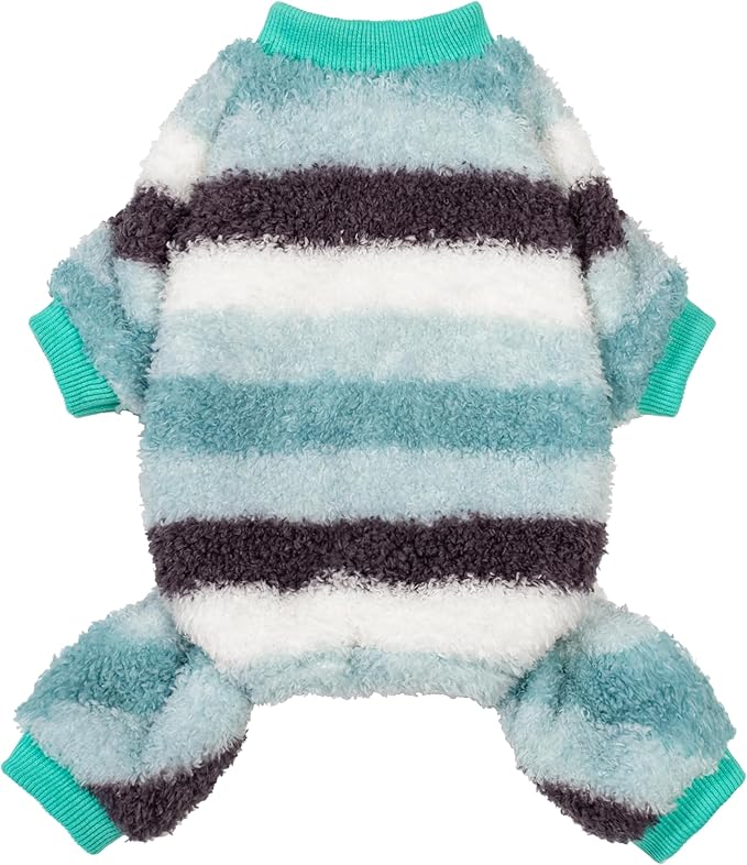 Fitwarm Fuzzy Striped Dog Fleece Pajamas, Warm Winter Clothes for Small Dogs Boy Girl, Cozy Pet Onesie with Feet, Light Sea Green, Black, White, XL