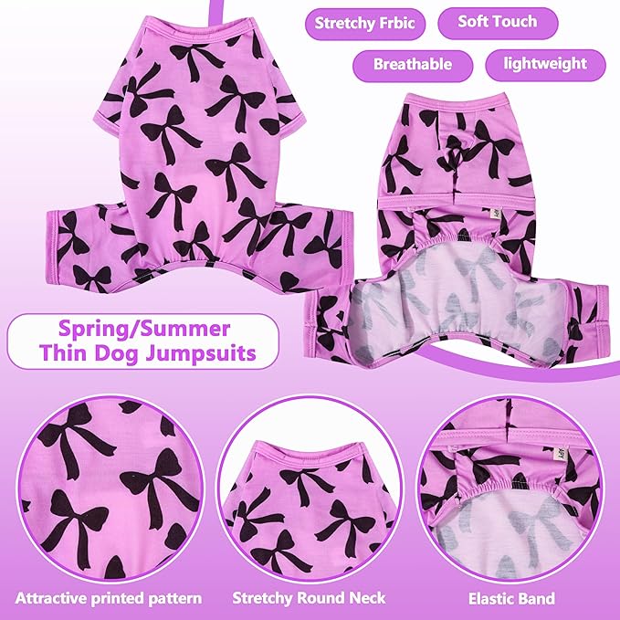 Dog Pajamas Summer Cute Print Puppy Jumpsuit Thin Dog Onesie Small Dog Clothes with Comfy & Elastic Frbic Puppy Pjs(Violet Bowknot,Small)