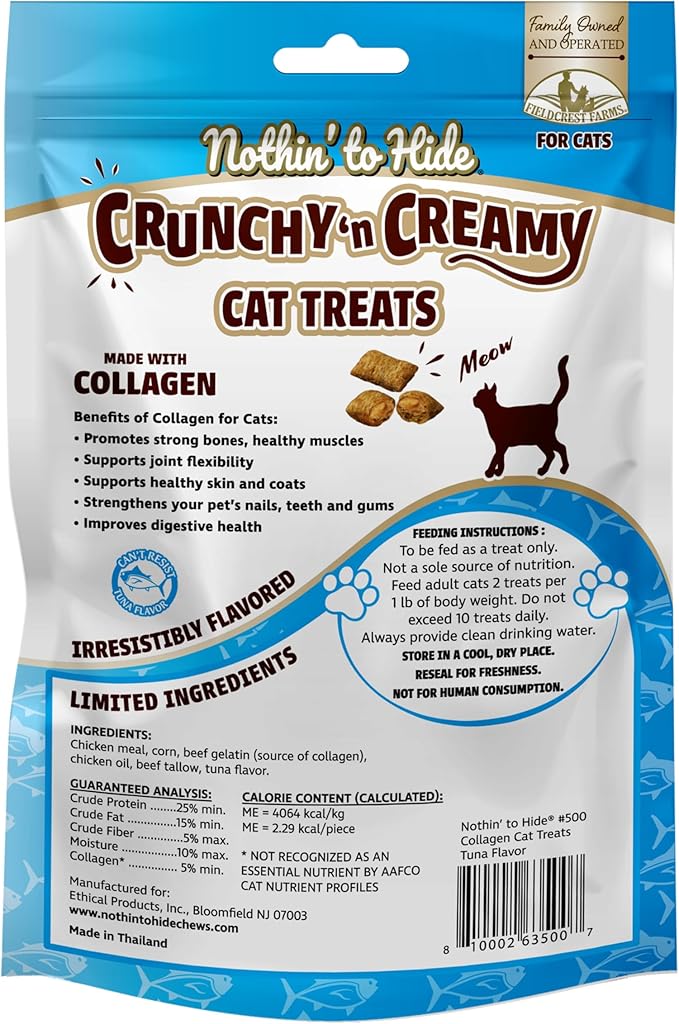 Fieldcrest Farms Nothin’ to Hide Collagen Cat Treats – Crunchy & Creamy Cat Snacks, High-Protein Healthy Treats for Skin, Coat & Joint Support, Tuna Flavor, 3 oz.