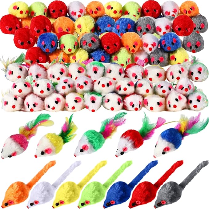 Syhood 120 Pcs Fur Mice Cat Toys Bulk for Indoor Cats Catnip Mouse Toys with Rattle Sound Rattle Mice Pets Kitten Interactive Play Assorted Color