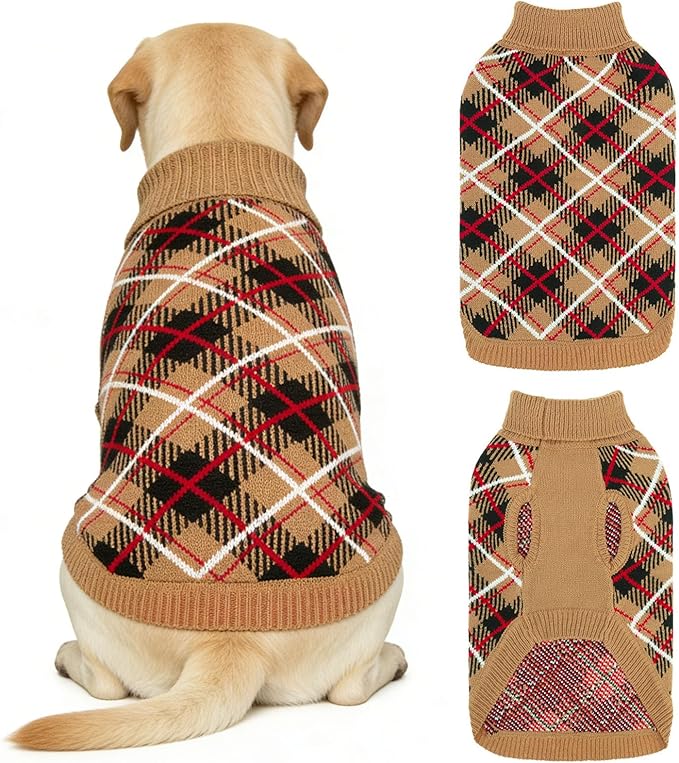 BEAUTYZOO Dog Sweater for Large Dogs, Fleece Dog Knitted Pullover Sweater for Girls Boys, Fall Winter Warm Soft Turtleneck Puppy Clothes Apparel, Cold Weather Knitwear with Leash Hole, Beige L