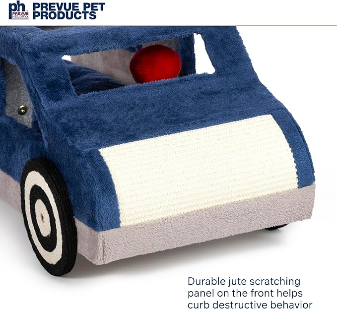 Prevue Pet Products Kitty-150 Cat and Dog Bed and Play Truck - Funny Novelty Dog & Cat Car Bed with Scratcher, Large & Cozy, Easy to Assemble, Removable Pillow, Included Swatting Toy - Blue