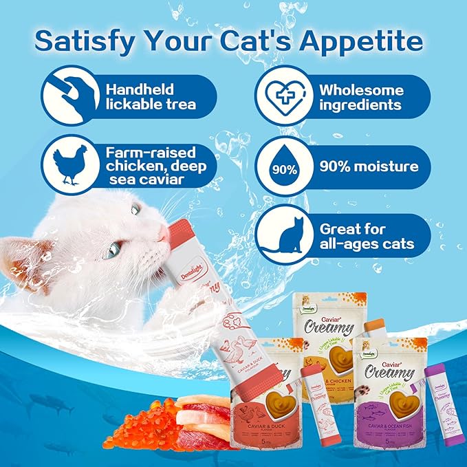 Caviar Chicken Creamy, Handheld Lickable Wet Cat Treat, Prebiotics and Fish Oil Added, Grain Free, 5pcs(50g, Chicken)