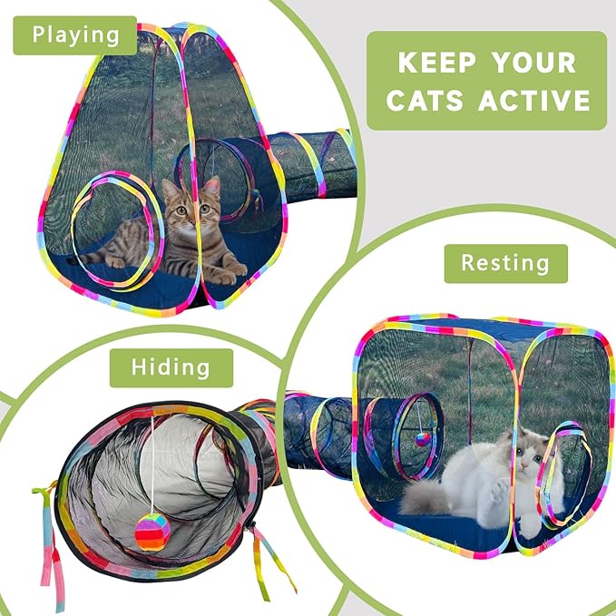 Outdoor Cat Enclosures, Cat Tunnels Catio Tents Cubes for Indoor Cats with Play Ball, Collapsible Outside Playpen Tunnel for Kitty, Rabbit, Puppy and Small Animals