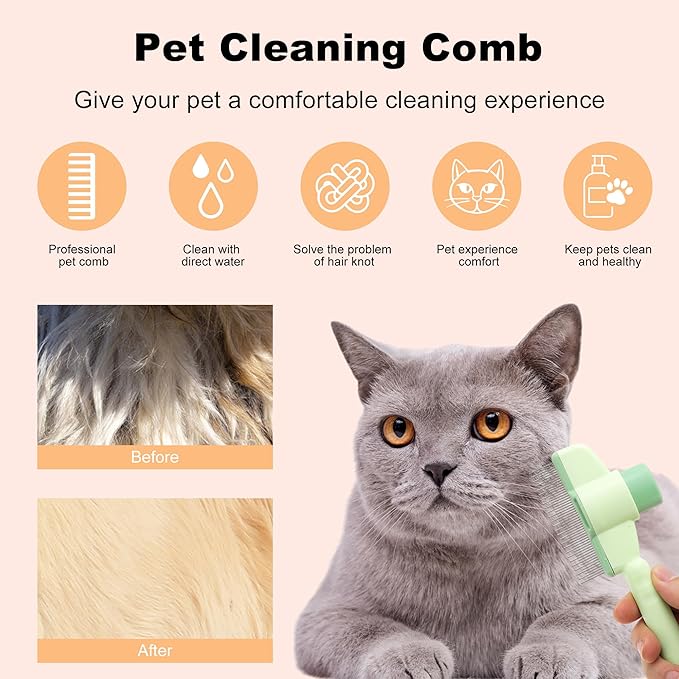 Cat Comb, Pet Hair Removal, Flea Exit, Grooming Brush with Release Button, De-Shedding Brush for Short and Long Hair Green