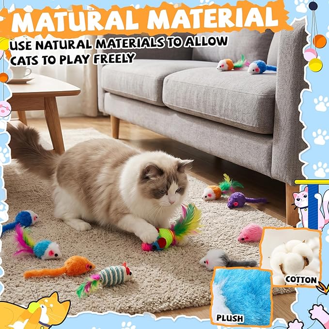 Leitee 51 Pcs Assorted Mice Cat Toys Bulk with Cat Paw Gift Storage Bags Set, Small Furry Mouse Kitten Toy for Indoor Cats, Interactive Play Color Varies (Mix Mice)