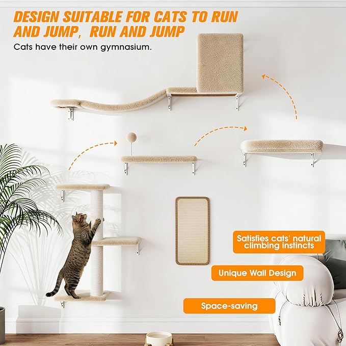 COZIWOW Cat Wall Shelves Set, 5-Piece Wall Mounted Cat Furniture with Cat Tree & Scratching Post, Floating Cat Perches for Indoor Cats（Beige）