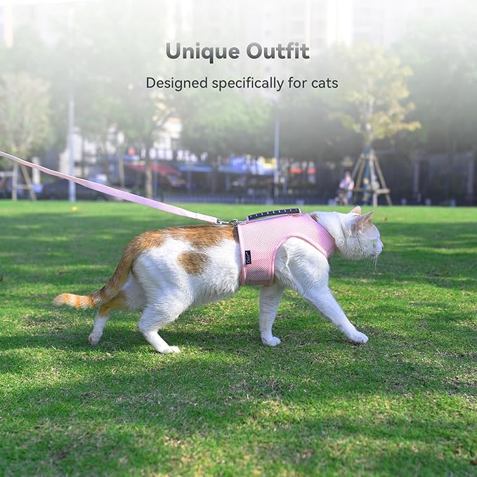 Kitty Harness and Leash for Walking Escape Proof Breathable Mesh Fabric, Solid Pink, Small, Adjustable Cat Walking Jackets with Handle, Padded Stylish Cat Vest