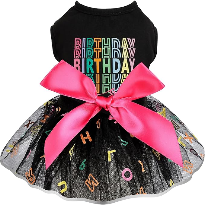 Dog Birthday Outfit: Colorful Alphabet Mesh Dresses, Summer Tutu Princess Pet Puppy Clothing, XS, Black