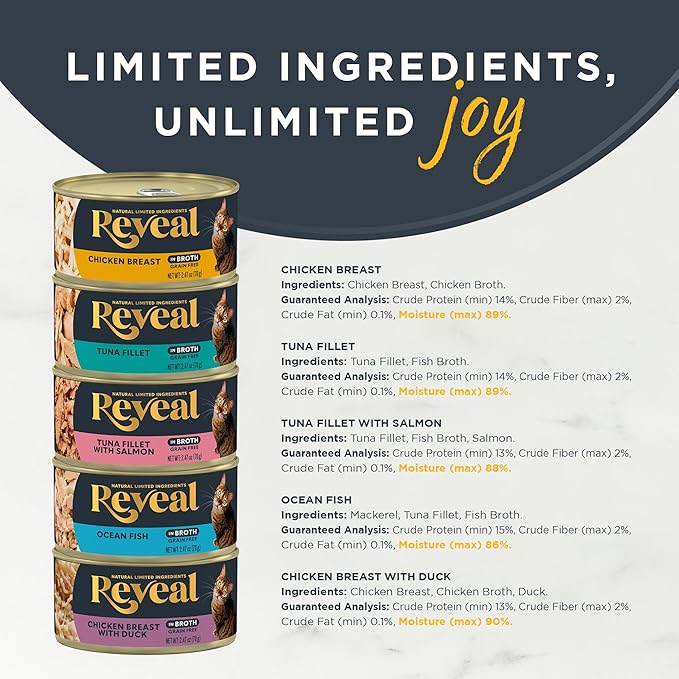 Reveal Natural Wet Cat Food,Grain Free,Limited Ingredient Canned Food for Cats,Fish and Chicken Variety in Broth,2.47 oz Cans,(Pack of 60)