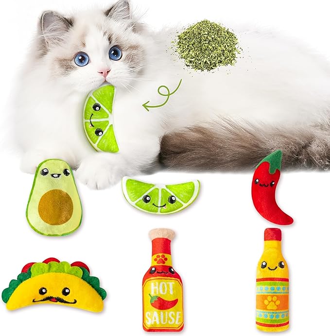 L1rabe Mexican Catnip Stuffed Toys - 6Pcs Pet Days Mexican Carnival Funny Cat Toys for Cat Lovers Gifts, Cute Taco Hot Sause Avocado Lime Indoor Kitten Chew Bite Kick Interactive Pet Supplies
