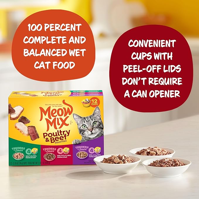Meow Mix Tenders in Sauce Wet Cat Food, Poultry & Beef Variety Pack, 2.75 Ounce Cup (Pack of 48)