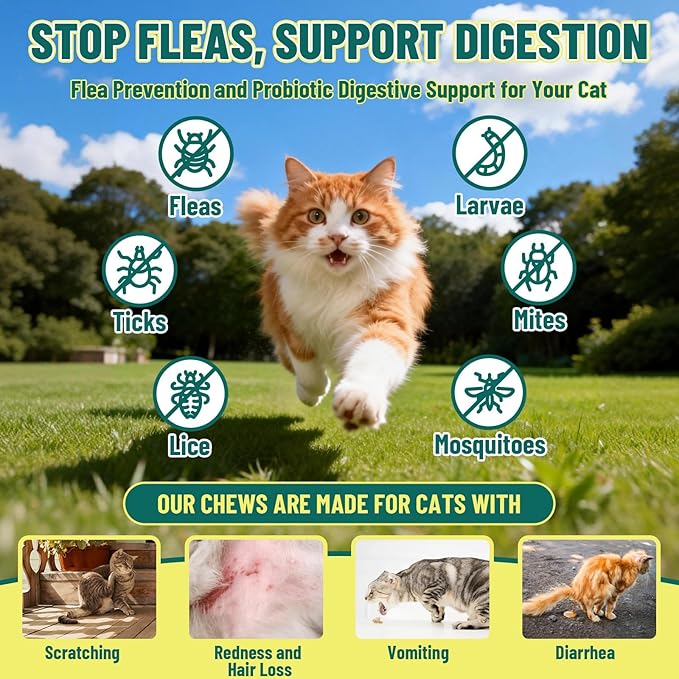 Flea and Tick Prevention for Cats, 500 Crunchy & Krill Chews with Probiotics for Cats, Cat Flea Chews with Gut & Digestive Support, Skin & Coat Support for All Breeds & Ages, Chicken Flavor