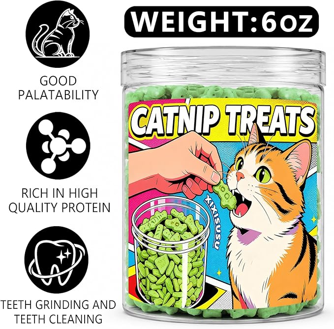 Catnip Cat Treats - Mint Flavor Crunchy Biscuits for Dental Health, Made with Real Fish in a 6oz Resealable Jar