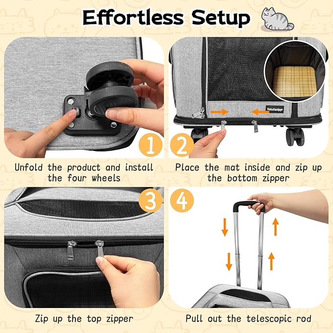 Pet Carrier with Wheels,Rolling Cat Carrier with Adjustable Pull Rod for Travel,Outdoor Use,Airline Approved Dog Carrier with Handle,Gray
