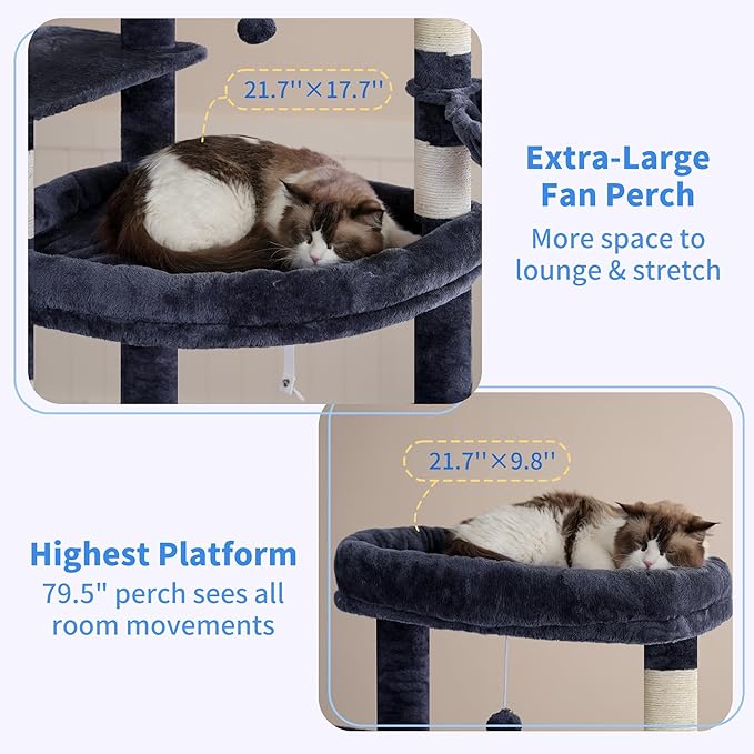 Heybly Tall Cat Tree for Large Cat, 80-inch Multi-Level Cat Tower for Indoor Cats with Large Baseboard, Condo Furniture with 2 Widened Plush Perches,Scratching Board and Big Caves, Smoky Gray HCT038G