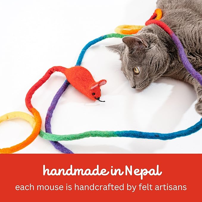 Catch a Mouse Wool Cat Toy with a 6-Ft Tail for Indoor Cats & Kittens. Cute Toy Mouse, Rat Plush Toy, Fake Mice. No Catnip. Pride (Rainbow)