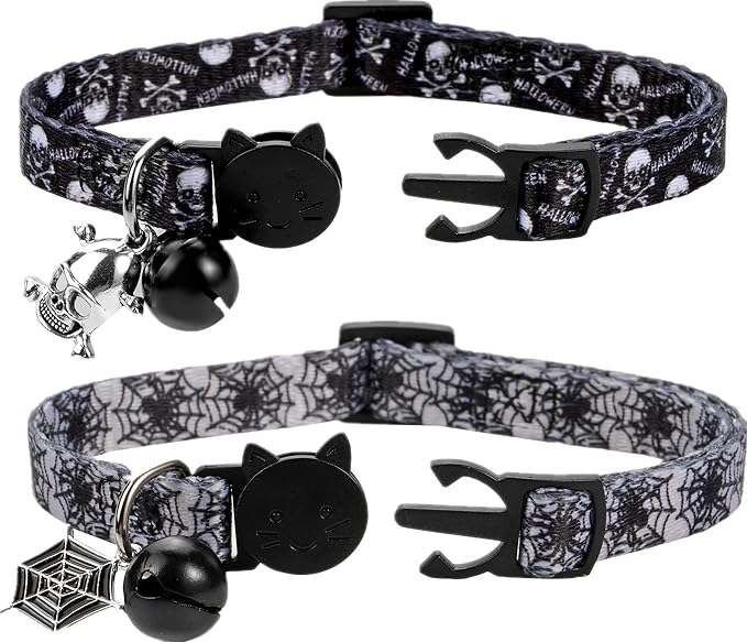 Cat Collar Halloween Set of 2, Skull Cat Collar for Small Dogs, Holiday Kitten Collar with Bell
