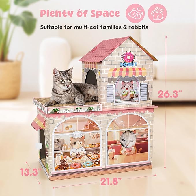 Cardboard Cat Houses for Indoor Cats - Kitten Scratcher Houses & Condos, Donuts Themed Hut Hideout Play House Bed with Scratching Pads, Scratch Box for Large Kitty Rabbit Bunny Small Animals