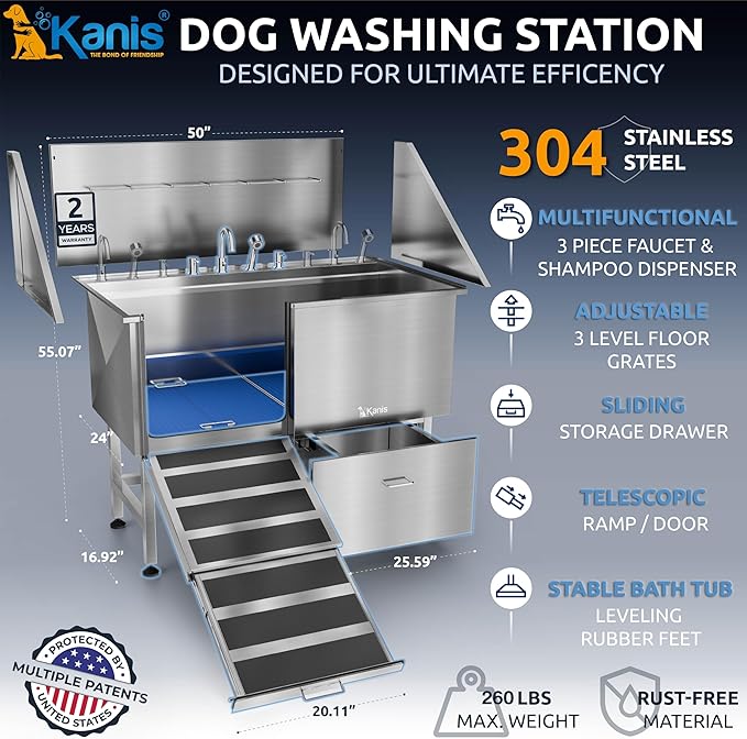 KANIS Professional Dog Washing Station 304 Stainless Steel Pet Wash Sink & Grooming Bathtub w/Shower, Floor Grates and Storage for Large, Medium & Small Pets (Silver, 50 Inches, Left Ramp, 1 Drawer)