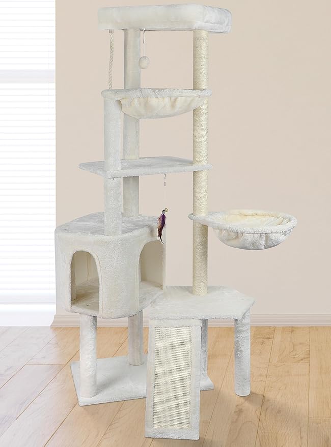 Wang Xin Four Layer Big Cat Tree with Huge Cat Condo and Two Hammocks Scratch Pad,Beige