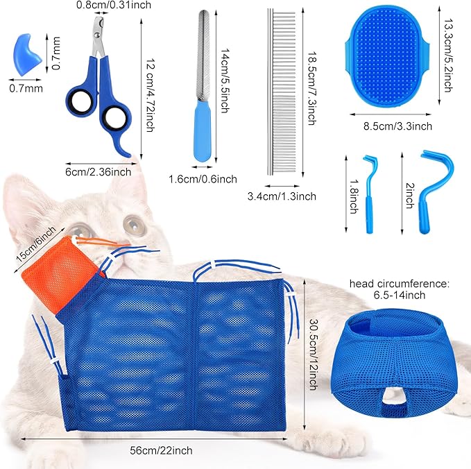 9 Pcs Cat Bathing Bag Set Cat Shower Bag Anti Bite and Scratch for Pet Grooming Washing Brush Comb Muzzle Nail Clipper Nail File Tick Tool (Navy Blue)