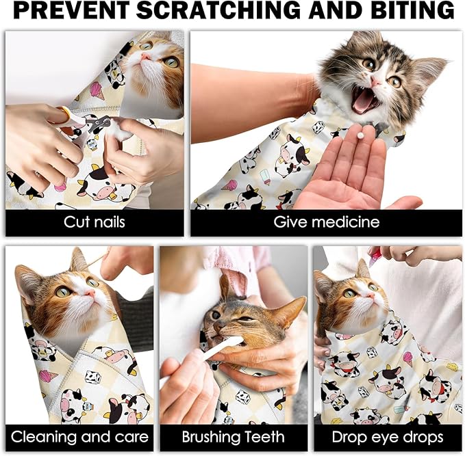 27.6"Cat Grooming Wrap, Self Adhesive Cat Wrap for Cutting Nails, Anti-Escape Calming Cat Swaddle Wrap for Medicine Ear Cleaning, Cow Anti-Scratch Cats Burrito Restraint Blanket, Pet Tool (6-10 lbs)