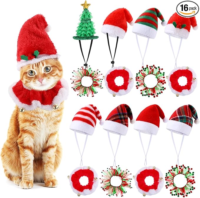 16 Pcs Cat Christmas Costume Suit Santa Hats and Tutu Collar Xmas Cat Outfit Green Shiny Hat Christmas Cat Collar with Bell Hat Kitten Outfit Clothing for Puppy Cat Pets Gift