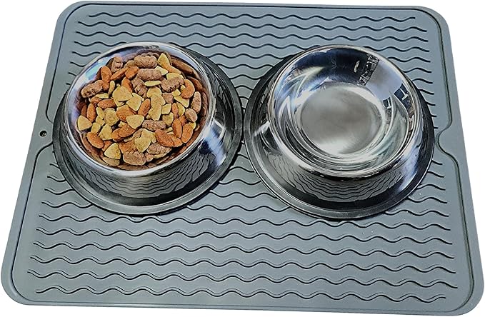 Silicone Pet Feeding Mat for Dogs, Cats, Small Animals, Non-Slip Waterproof Food and Water Mat with Raised Edge, BPA-Free Convenient Hook Storage by Dependable Industries (Gray, 12 x 16 inch)