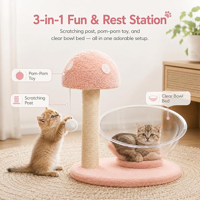 Mushroom Cat Tree for Kittens and Small Cats, 14.17" Cat Scratching Post with Clear Bowl Bed, Pink Sisal Scratcher with Pom Pom Toy, Stable Plush Base, Easy Assembly for Indoor Cats