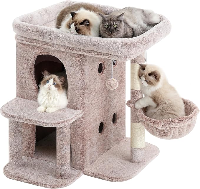 Heybly Cat Tree, 26.3-inch Cat Tower with Spacious Top Perch for Large Cats, Stair-Style Cat House Furniture with Dual-Layer Condos, Sisal Scratching Posts, Cozy Basket & Pompom, Muchroom HCT204SMU