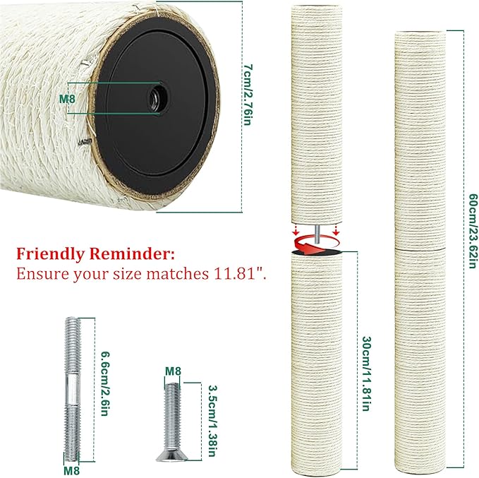 Cat Scratching Post Replacement Pole, 2 PCS 11.81in Cat Tree Replacement Post, Natural Sisal Cat Tree Replacement Parts with M8 Screws, Cat Scratch Post Replacement for Refurbishment (11.8in)