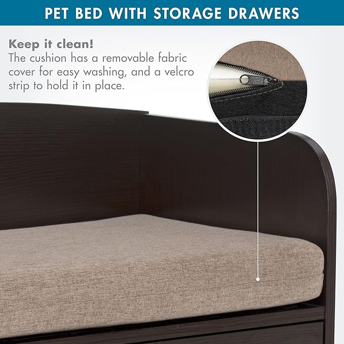 Paws & Purrs Cat Sofa Bed with Storage Drawer, Espresso Finish, 31.5″ x 15.75″ x 19.25″ | 3″ Foam Cushion with Washable Cover | Fits Dogs and Pets up to 50 lb