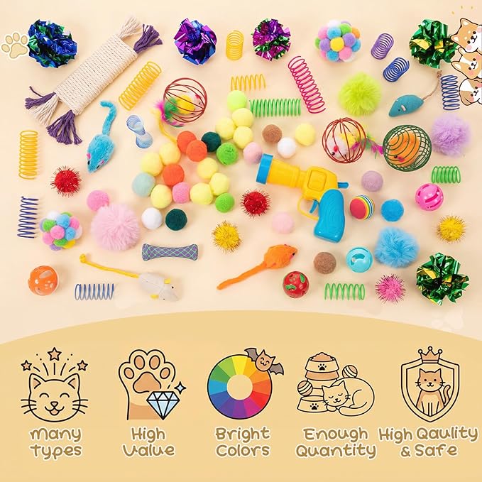Leitee 100 Pcs Cat Toys Assortment with 1 Gift Storage Bag, Interactive Cat Play Set for Indoor Kitten, Colorful Springs, Mouse Toys, Chew Ropes, Balls, Bells & Sisal Ball (Ball Toy)