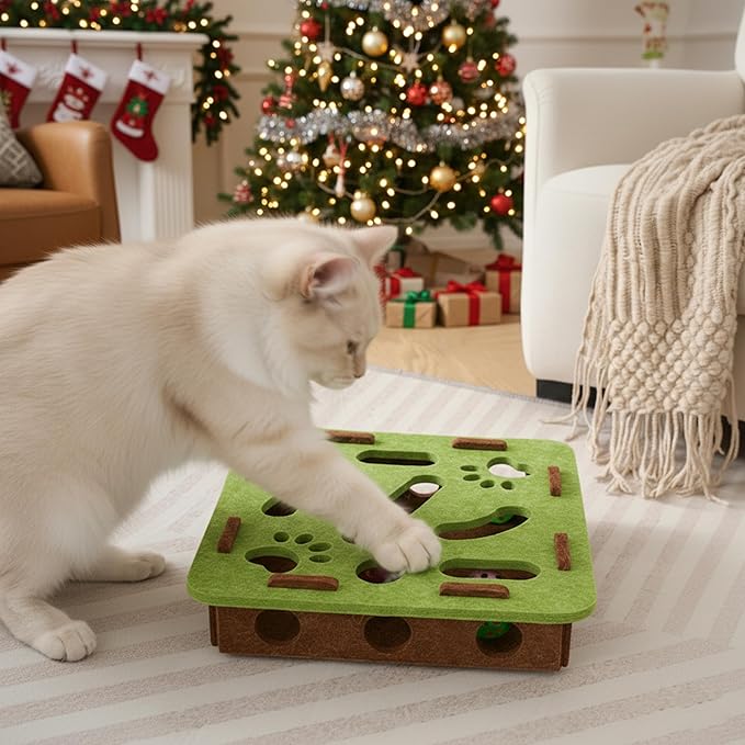 Interactive Cat Puzzle Feeder Toy - Felt Maze Box with 3 Jingle Balls for Indoor Cats Kittens | Mental Stimulation, Slow Feeding, Fun Exercise & Natural Hunting Instincts