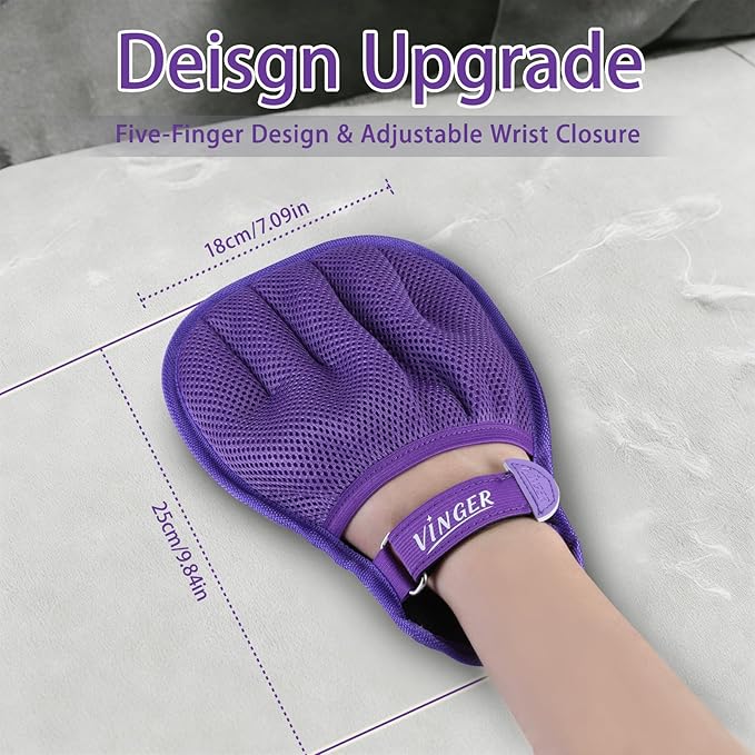 VINGER Pet Hair Removal Glove for Cats & Dogs, Electrostatic Pet Hair Gloves with Adjustable Wristband, Five-Finger Magic Brush Remover Tool for Laundry, Carpet, Couch, Car Seats & Clothing (Purple)