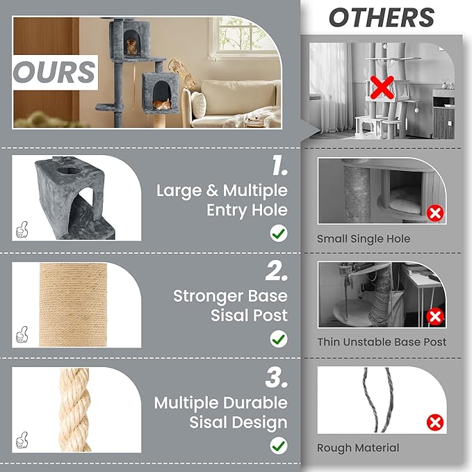 59in Large Cat Tree Tower for Indoor Cats with Soft Plush Hang Ball, Two Condos, Sisal Scratch Posts & Rope Play for Kittens/Adult Cats, Grey
